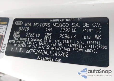 2020 Kia Forte Lxs from USA, damaged, VIN 3KPF24AD4LE149262